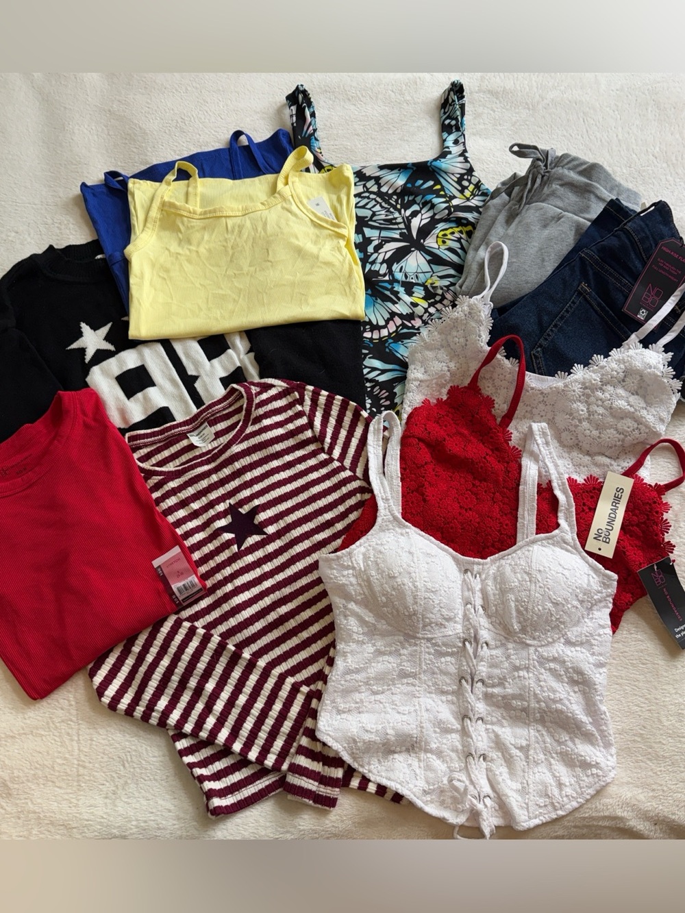 Y2K Juniors Clothing Lot XS S No Boundaries NWT Flare Jeans Tops Dress 11 Pc